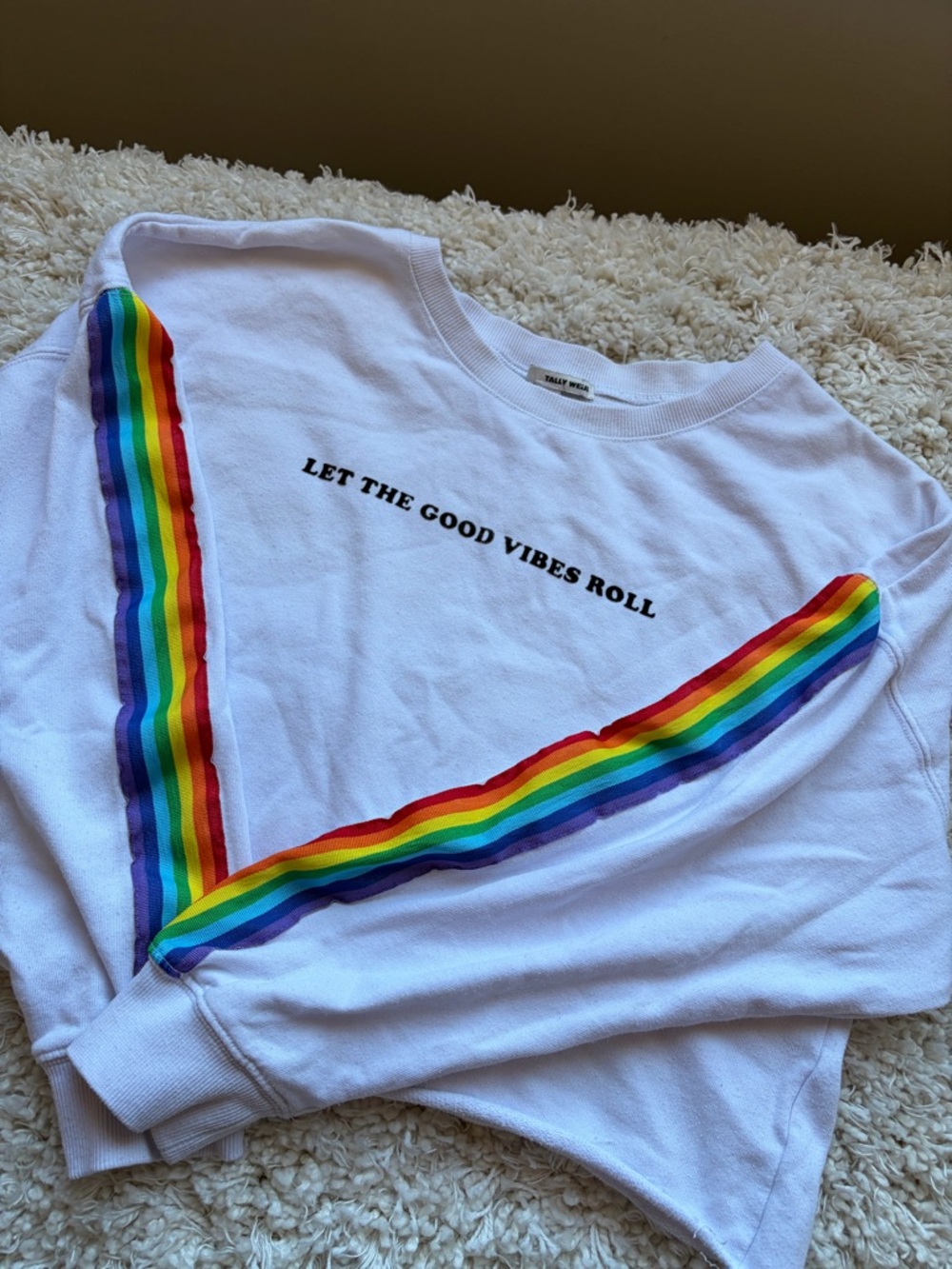 White Crop Sweatshirt with Rainbow Stripe Detail
